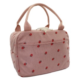 Stylish Corduroy Lunch Tote Bag for Women & Men - Reusable Insulated Lunch Box, Large Capacity, Perfect for Work, Picnic, Travel - Cute & Eco-Friendly (Pink Strawberry)