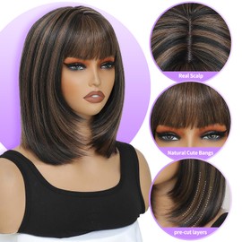 INSTASTYLE Black Mix Brown Bob Wig with Bangs for Black Women 12inch Brown Highlight Short Wigs Put on and Go Glueless Wig Straight Bob Wig for Daily Use