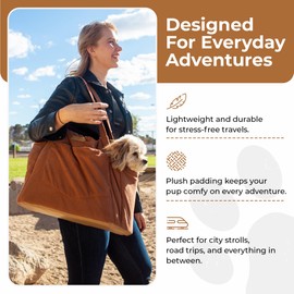 NoblePup Corduroy Dog Carrier - Lightweight Cotton Soft-Sided Pet Tote with Safety Harness Clip - Breathable Travel Carrier for Small Dogs and Puppies (Brown)