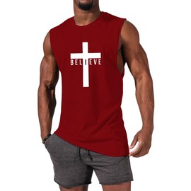iudam Mens Tank Tops Casual Cotton Sleeveless Shirts Workout Gym Cut Off Shirts Christian Shirts (Red,L)