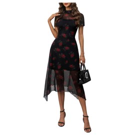 Floerns Women's Floral Mesh Short Sleeve Asymmetrical Hem Flared A Line Dress Black Ink Large