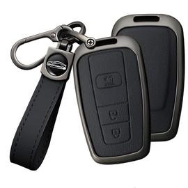 HIBEYO 3 Button Key Fob Cover Compatible with Toyota 4Runner 2016-2024 RAV4 Camry Prius Prado Key Leather & Alloy Key Cover Accessories with Keychians, A keychain black
