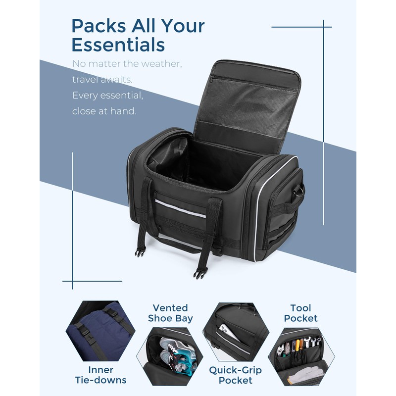 Marscamd Waterproof Motorcycle Tail Luggage Bag, 48L-64L Expandable, a Rain
