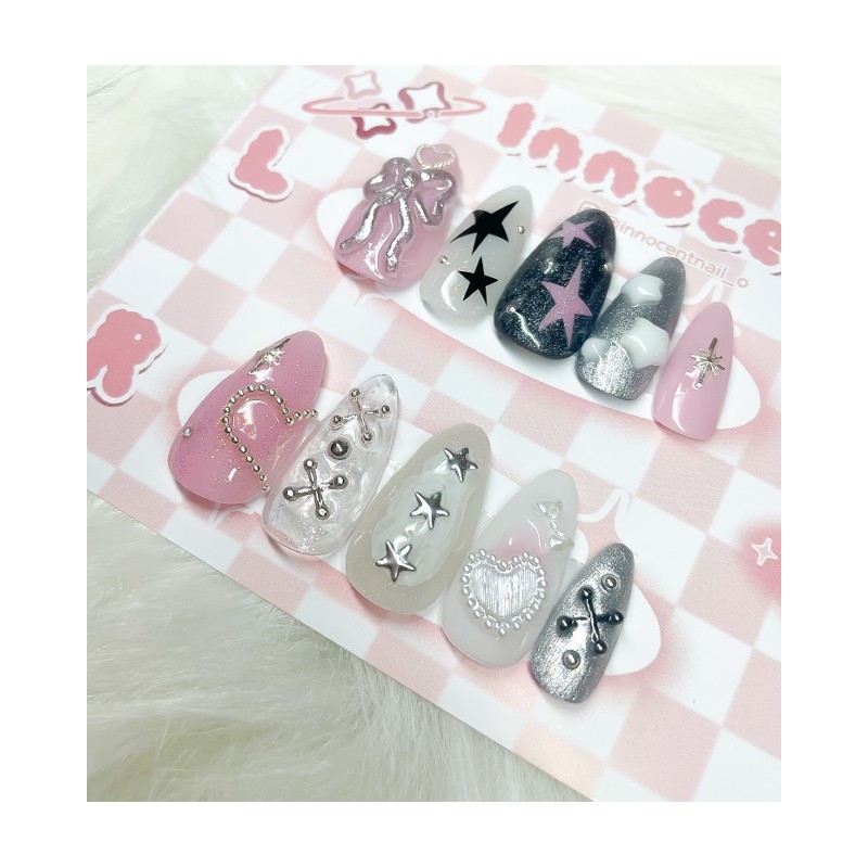 Y2K Lovely Silver Star Char Handmade Nail Tips - Almond