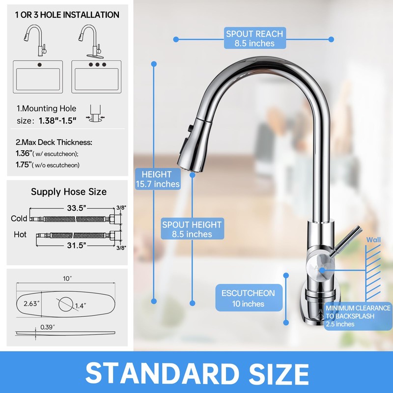 Chrome Kitchen Faucet, Arofa Pull Down 3 Hole Deck Mount