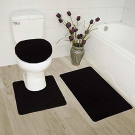 Elegant Home Goods Solid Color 3 Piece Bathroom Rug Set Bath Rug, Contour Mat, Lid Cover Non-Slip with Rubber Backing Solid Color New #6 (Black)