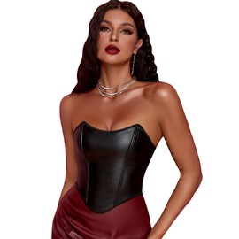 SOLY HUX Women's PU Leather Overbust Corset Bandana Tube Tops Lace up Strapless Boned Body Shaper Bustier Solid Black XS