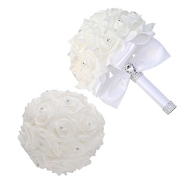 KOLACEN Wedding Bouquets for Bride, Bridal Flowers for Wedding, Bride Bridesmaid Hand Flowers Bridal Bouquet Crystal Diamond Silk Roses, Artificial Flowers Bouquet for Church Wedding Party (White)