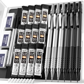 Nicpro 0.5 & 0.7 & 0.9 mm Metal Mechanical Pencil Set with Case, 6PCS MP1000 Artist Lead Pencil with 12 Tubes HB & 2B Lead Refills, 3 Erasers For Architect Art Writing Drafting Sketching Drawing