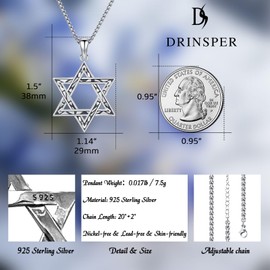 DRINSPER Star of David Necklace for Women Men 925 Sterling Silver Jewish Star Necklace Pendant Jewelry Religious Gifts