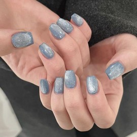 SXVME Cat Eye Soft Gel Press on Nails Short Coffin Shape, 30 Pcs Light Blue Cat Eye False Nails Short Square, Sparkly Glitter Nails Press on, Bling Chrome Gel Stick on Nail for Women