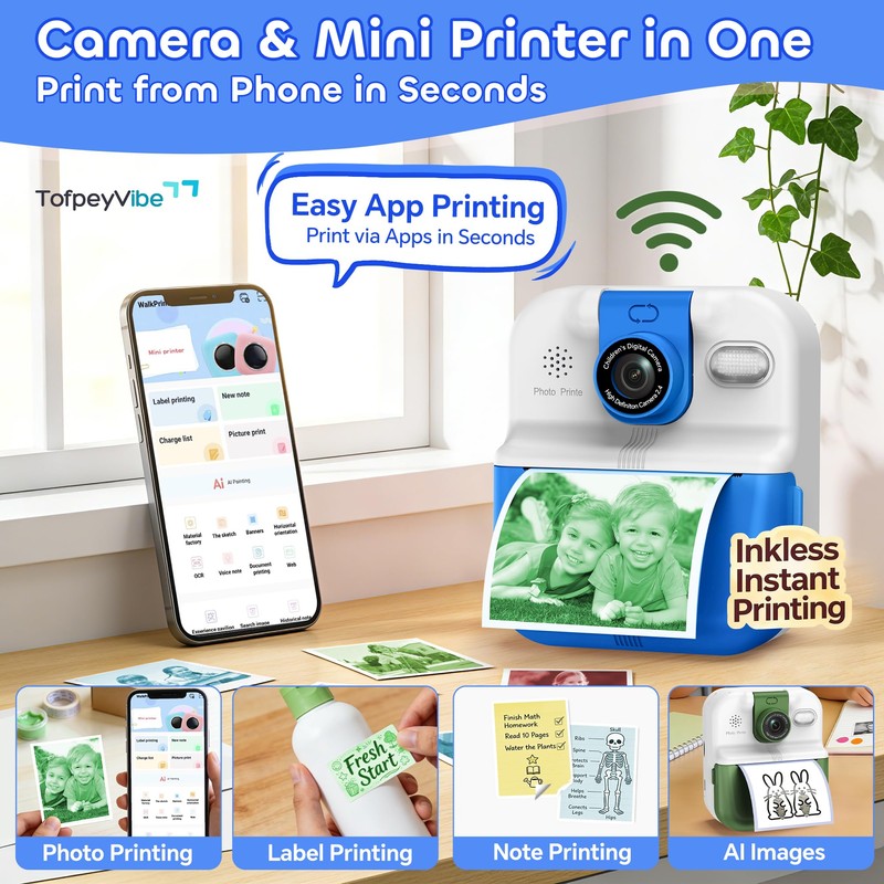 Kids Instant Print Camera with App & Bluetooth, Mini Printer