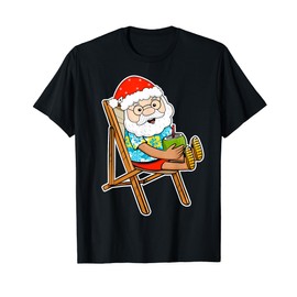 Summer Christmas in July Tropical Santa Xmas Hawaiian T-Shirt, black