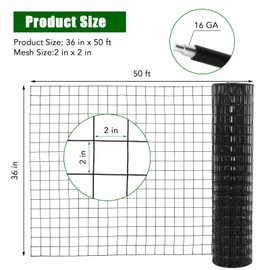 Wire Mesh Fence Roll 36inx50ft, 2inchx2inch 16GA Galvanized Steel Poultry Netting, Vinyl Coating Metal Wire Hardware Cloth Fence for Garden Yard Animals Plants Protection, Farm Fencing, Black
