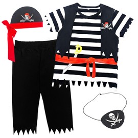 Wosixima Toddler Boys Girls Pirate Costume Outfit, Role Play Dress Up Clothes Set for Baby, Child Role Play Short Sleeve Tops and Pants with Hat and Eyepatch, 12-18 Months