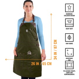Under NY Sky Barista Apron - Brown Leather Straps and Reinforcement - Riveted Pockets - Double Stiched - Leather Ring Loop - Professional Green Twill - Double as Half Bistro Apron - Chefs, Bartender