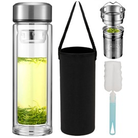Pauzema Tea Tumbler with Infuser, 34oz Tea Bottle with 2 in1 Infuser, Large Double Wall Borosilicate Glass Tea Bottle 100% Leak-Proof with Stainless Steel Filter