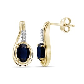 JEWELEXCESS 1.30 CTW Sapphire and Accent White Diamonds Earrings – 14K Gold Over Silver| Hypoallergenic s for Women - Oval Cut Set with Push Backs