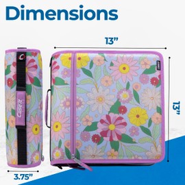 Case-it Mighty Zip Tab School Zipper Binder | 3-Inch O-Rings, 600-Sheet Capacity, 5-Subject Expanding File Folder, Multiple Pockets & Storage Organizer, Shoulder Strap | D-146 Morning Flowers