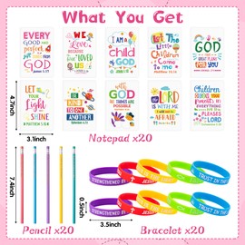 60Pcs Christian Bible Gifts for Kids Bulk Bible Verse Notepads with Pencil Silicone Bracelet Religious Mini Notebook Wristband Pencil Kit Daily Prayer Faith Journal Set for School Office Home Supplies