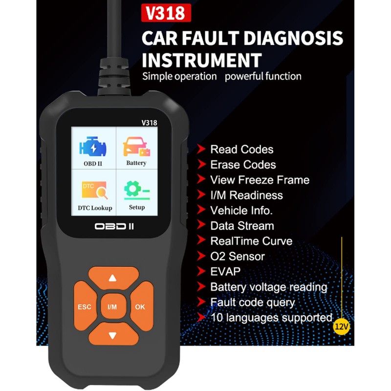 OBD2-Scanner, V318 OBD2-Scanner 1,8-Zoll-Farbbildschirm 10 Sprachen Fehlerleser Autodiagnosetool Autoversicherung &