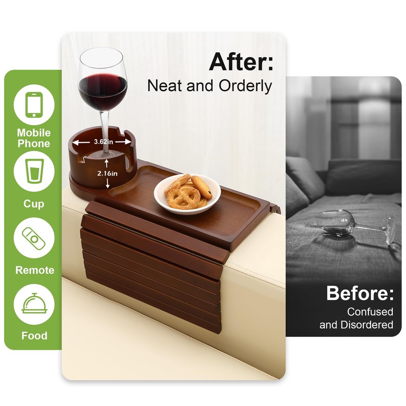 aisongdong Couch Cup Holder,Bamboo Couch Arm Tray with 360° Rotating
