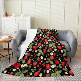 Strawberry Fuzzy Blanket Throw 50"x60" Red Strawberry Flannel Fleece Throw Blanket for Sofa Couch Decor Food Fruit All Season Bed Blanket Utra Soft Spring Summer Plants Plush Blanket Red Green Black