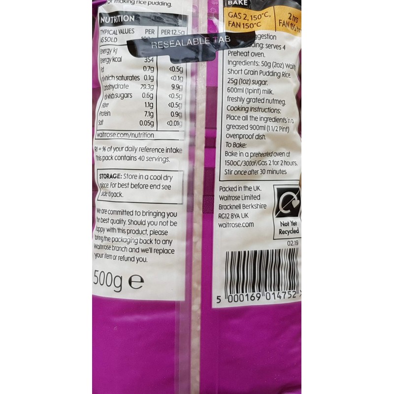 Waitrose Short Grain Pudding Rice (500g)