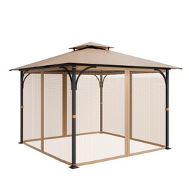 Happybuy 10x10x7FT Gazebo Netting Replacement – 4-Panel Khaki Mesh Sidewalls with Double-Zipper Access, Universal Fit for Square/Rectangular Gazebos, Patio Canopy Screen for Pest Protection