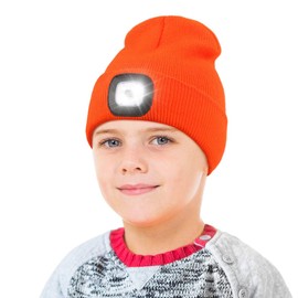 YunTuo Beanie with The Light for Kids, Unisex USB Rechargeable Headlamp Hat Winter Knitted Night Lighted Cap Flashlight, Gifts for Kids Boys Girls (Orange)