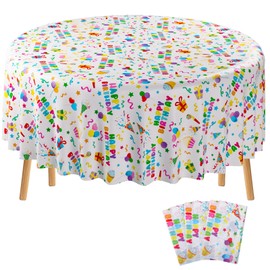 Oudain 3 Pcs Happy Birthday Tablecloth 84 Inch Plastic Disposable Round Table Covers Waterproof Colorful Balloons Confetti Tablecloth for Men Women Birthday Party Supplies Decorations(White)