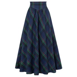 Womens Retro Elastic High Waist Cottagecore Renaissance Maxi Skirt Lacing A-Line Vintage Medieval Plaid Long Skirt Dark Blue M
