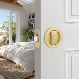 EHOMEWARE 1 Pack Gold Pocket Door Hardware, Keyless Privacy Pocket Door Handles, Bed/Bath Pocket Door Lock, Modern Round Sliding/Bifold Door Hardware, Heavy Duty Recessed Door Knob