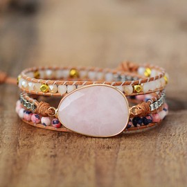 ZOSOJONA Boho Wrap Bracelets Natural Jasper Crystal Stone Variety Beads Strand Bracelet Jewelry Collection For Women (Pink Agate)