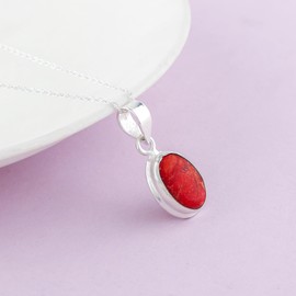 GEMKORA Real Red Coral Crystal Pendant Necklace, Natural Gemstone, Birthstone, Bezel Setting, Cabochon Oval Crystal, Healing Stone, Gift for Women, Silver Plated Jewelry 18 inch