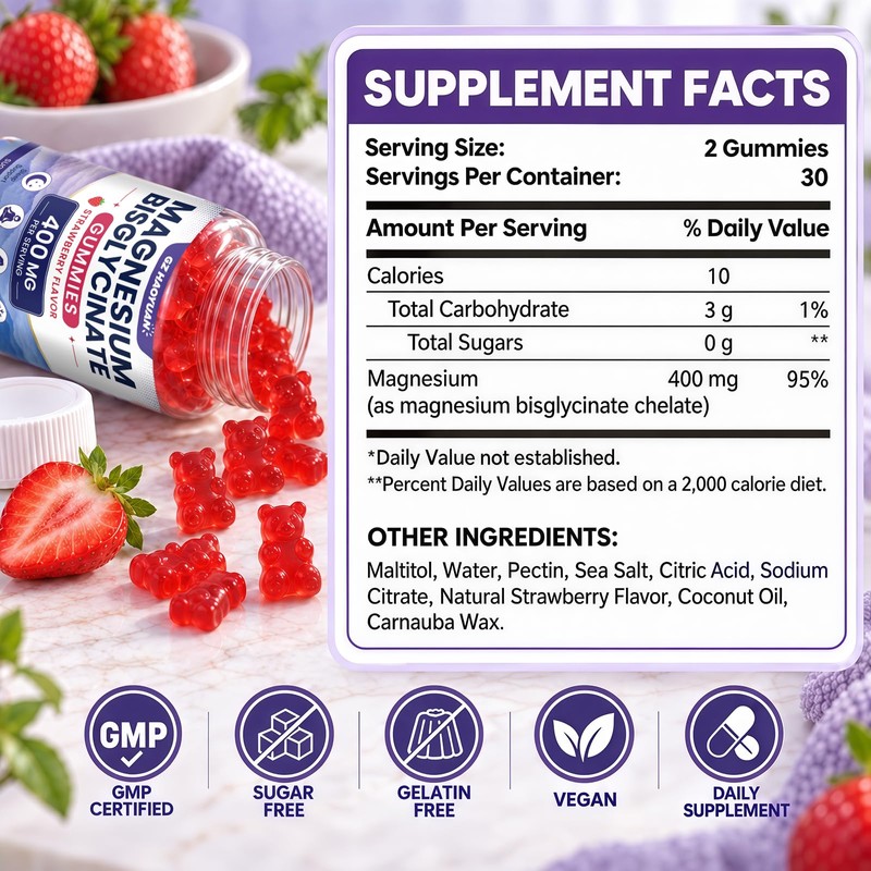 Magnesium Bisglycinate Gummies 400mg, Chelated Magnesium Glycinate Gummies for Adults,