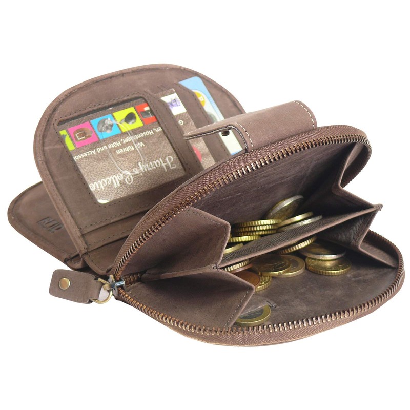 Harrys-Collection Half Round Women's Purse in Vintage Brown with Feather,