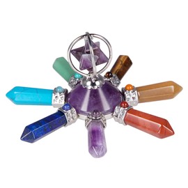 KYEYGWO Energy Pyramid Stone with 7 Chakras Crystal Dot, Amethyst Merkaba Pyramid Healing Stone Hexagonal Crystal Pyramid Feng Shui Ornament Home Decor for Reiki Healing and Meditation