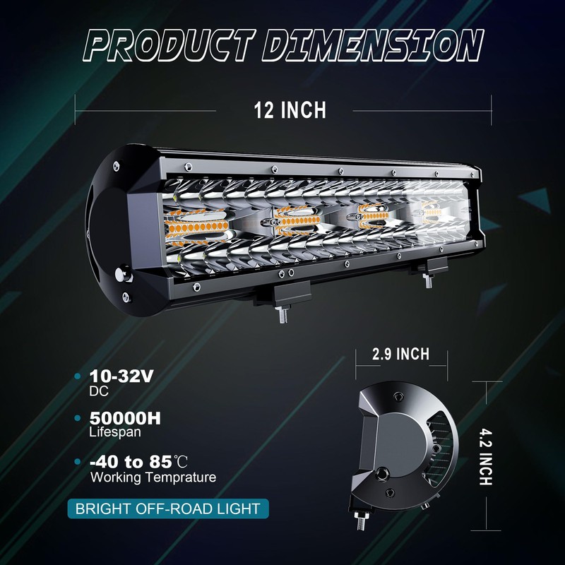SLARY 12 Inch 72W LED Light Bar White/Amber Flasing Strobe