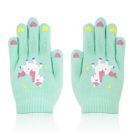 CHEERYMAGIC Kids Gloves, Winter Knitted Colorful Unicorn Gloves Magic Full Finger Gloves Stretchy Warm Gloves Children Mitten for Boys and Girls 7-13 Years Old Green A7DJSYHST (sky blue)