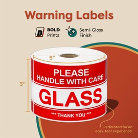 Aegis Adhesives - 3" X 5" Glass - Please Handle with Care - Thank You, Warning Shipping Labels (1 Roll, 500 Stickers Total)