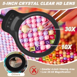 10X 30X Large Magnifying Glass with Light and Stand, 5-inch Lens, 5 Color Modes, Hands Free Magnifying Lamp for Close Work, Lighted Magnifier Desk Lamp for Craft Sewing Jewelry Painting Reading