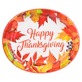 Elyxio 50 Pcs Fall Leaves Oval Paper Plates Happy Thanksgiving Disposable Party Plates Autumn Dinner 10" X 12" Large Serving Dish Platters for Harvest Holiday Party Supplies