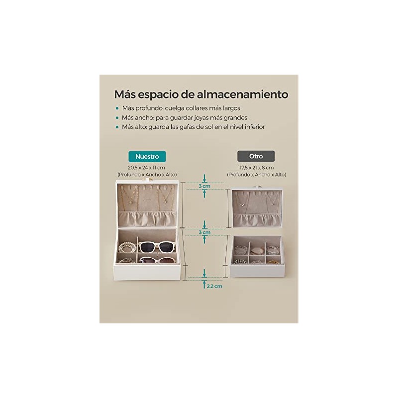 SONGMICS Caja Joyero, 2 Capas, con Asa, 23.9 x 20