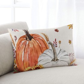 Rectangle Decorative Throw Pillow Cover, Harvest Fall Pillow Case Soft Cushion Case Lumbar Pillowcase for Couch Sofa Bedroom Car Farmhouse Boho Decor 16x24 Inch Pumpkins Wheats Leaves Rustic Burlap
