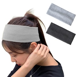 Wide Ribbed Hair Band, Korean Fashion, Stylish, Soft Headband, Hair Turban, Hair Clip, Sweat Absorbent, Quick Drying, Face Washing, Yoga, Sports, Men's, Women's, Unisex No. 100, Light Gray, Dark Gray