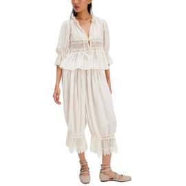 Thopavenoir Women Lace Trim 2 Piece Pajamas Sets Y2k Bow Tie Front Short Sleeve Shirts + Ruffle Flared Lantern Pants Loungewear (White, S)