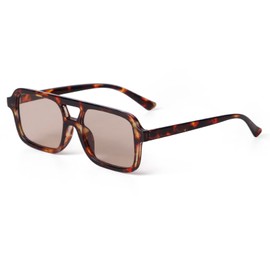 ADE WU Trendy Square Aviator Sunglasses for Women Vintage 70s Plastic Flat Aviator Style Sun Glasses, Tortoise Frame/Light Tea Lense