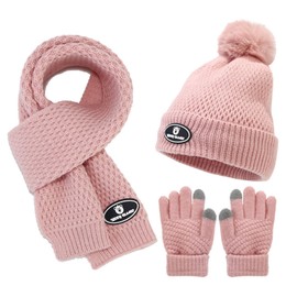 Mskikefly Knit Hat, Gloves, Scarf, 3-Piece Set, Kids, Toddler, Kids, 2-6 Years, Fluffy, Warm Hat, Neck Warmer, Set for Boys, Girls, Christmas, Birthday, Gift, Celebration, Cold and Windproof, Pink