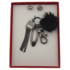 FUNsational Finds Gift Set Black Jewel Gem Fur Purse Charm Gift Boxed Round Earrings Xmas Present